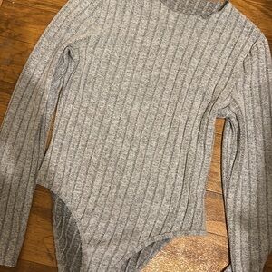 Gray Ribbed Long Sleeve Bodysuit